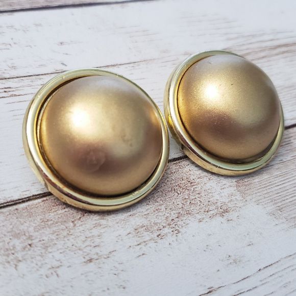 Vintage Clip On Earrings - Domed Matte Gold Tone Center with Gold Tone Halo - Picture 2 of 6